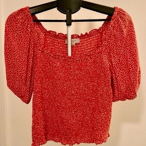 Red Polka Dot Puff Sleeve Smocked Summer Blouse Top